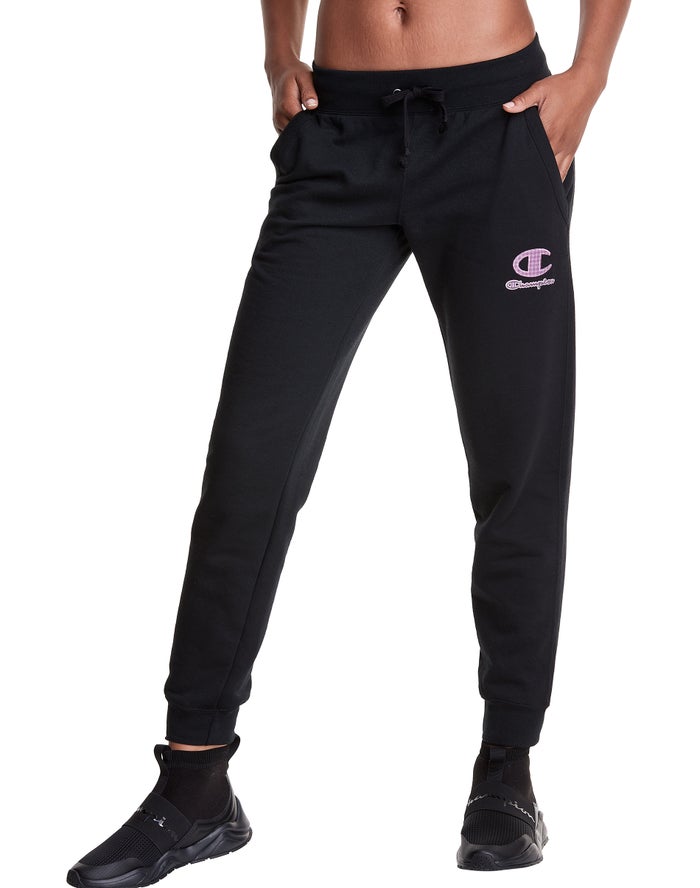 Champion Powerblend Fleece Velvet Houndstooth Embroidered C Logo Kadın Joggers Siyah ( IYPBAX908 )